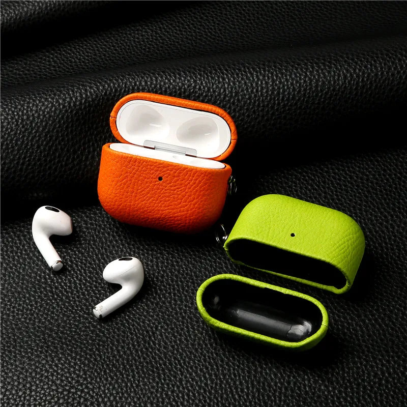 Genuine Leather For AirpPods Pro 2 Case AirPods 1 2 3 cover Bluetooth Earphone Accessories Lychee Pattern Cowhide With Buckle