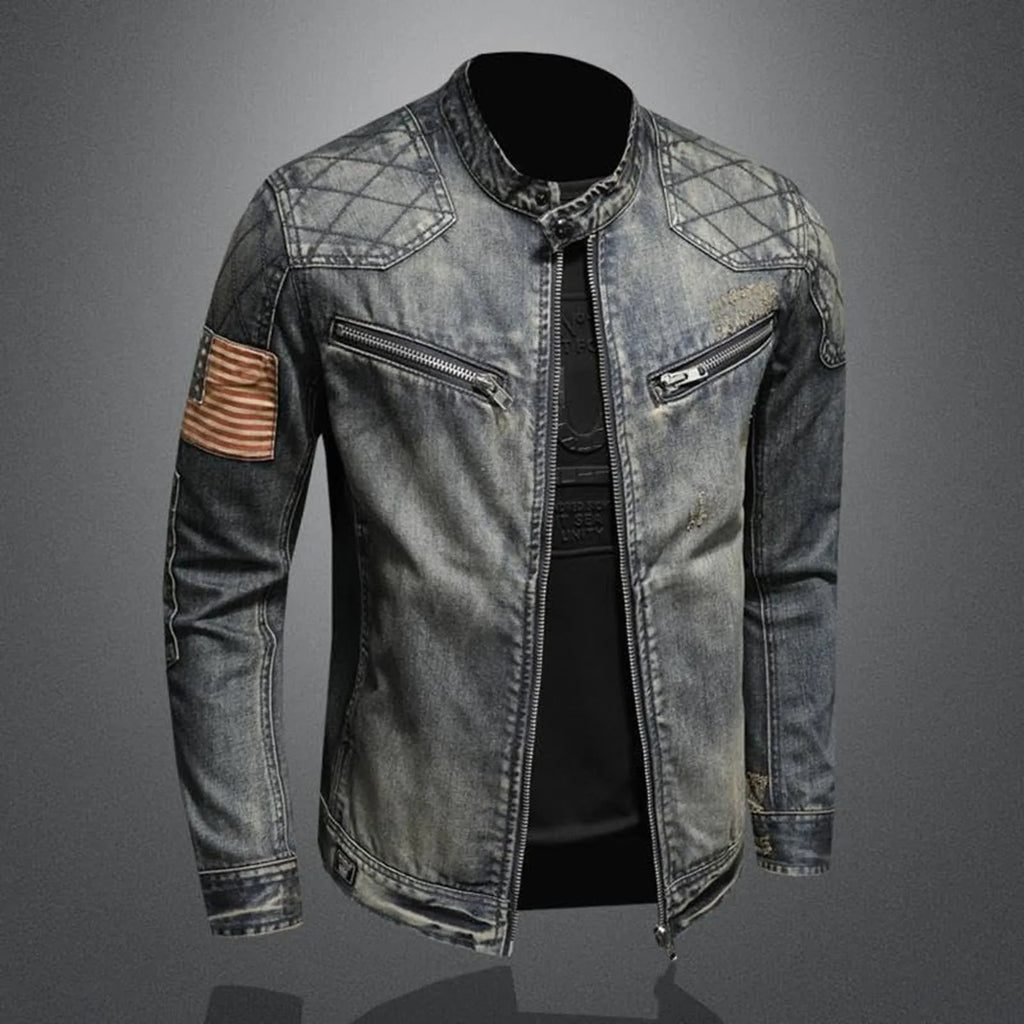 Vintage Denim Jacket With Zip Stand Up Cotton Slim Fit Denim Coat Jeans Long Sleeve Loose Pocket Zipper Top Winter Jacket Men