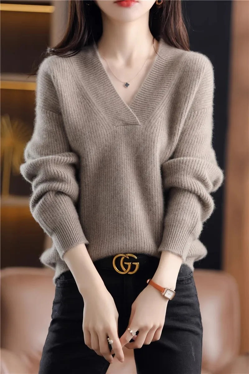 V-neck Basis Pullover Women's Solid Loose Knit Sweater Autumn Winter Jumpers Knitwear Soft Warm Chic Femme Sweater Casual Tops