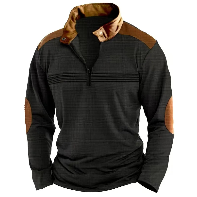 2025 Cross-border men's patchwork pullover zipper solid color POLO shirt zipper long-sleeved sports polo shirt crazy street casu