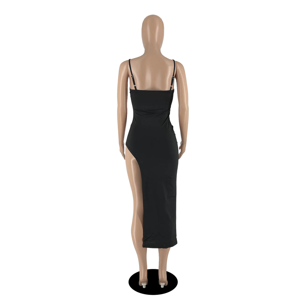 FAGADOER Sexy High Slit Bodycon Long Dress Women Solid Color Spaghetti Strap Backless Dresses Female Streetwear Vestidos 2025