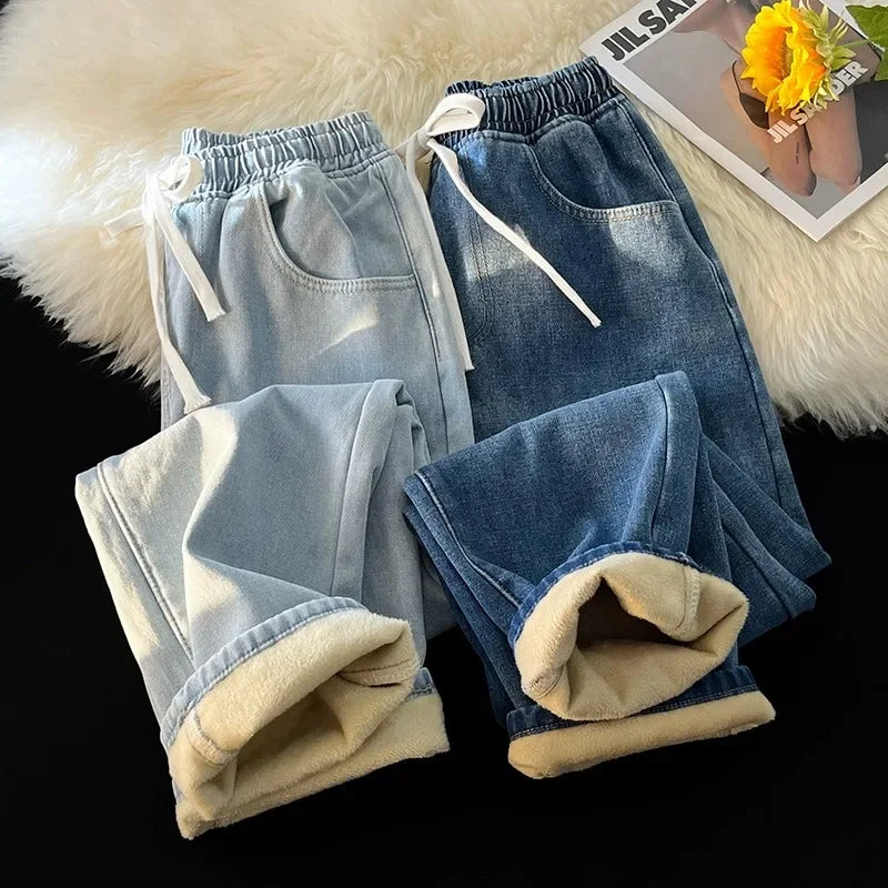 Winter Thiened Jeans Wide Leg Jeans Men's Straight Elastic Waist Corduroy High Street Vintage New Youth Casual Jeans