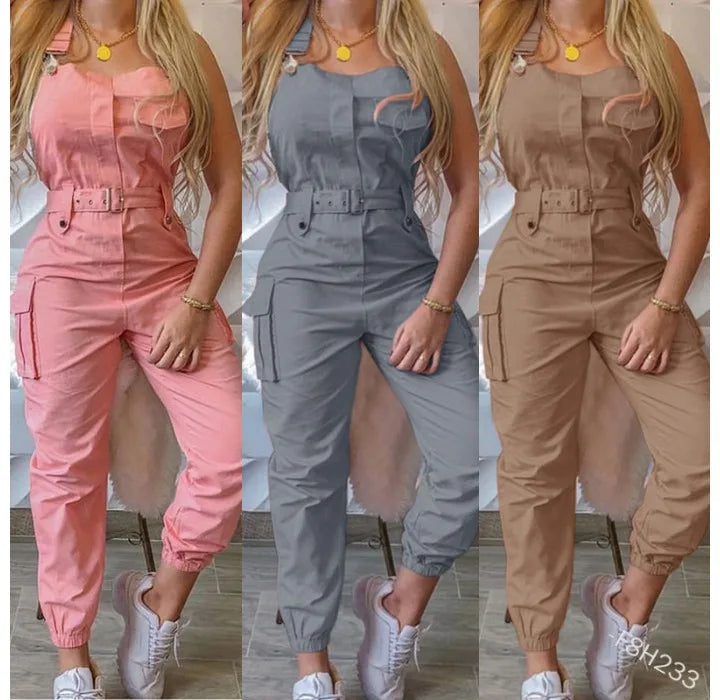 Autumn Women's Clothing Bodysuit Jumpsuit 2023 Simple Zipper Cargo High Waisted Conjoined Body Pants Sleeveless Strap Trousers