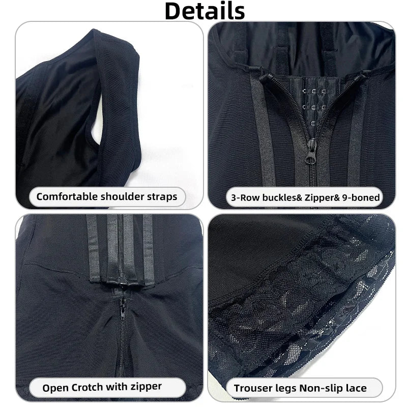 Body Shaper Shapewear Women Bodysuit Colombian Fajas 9-bone High Compression Girdle Double Tummy Control,Open Crotch with Zipper