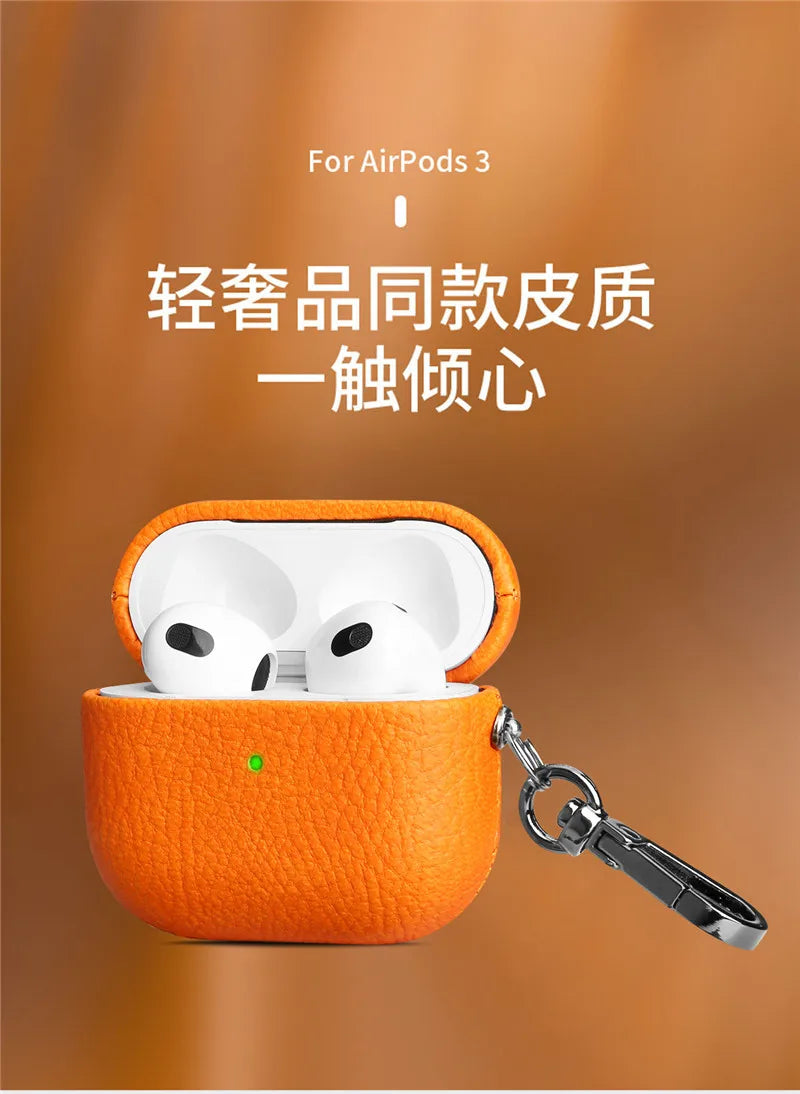 Genuine Leather For AirpPods Pro 2 Case AirPods 1 2 3 cover Bluetooth Earphone Accessories Lychee Pattern Cowhide With Buckle