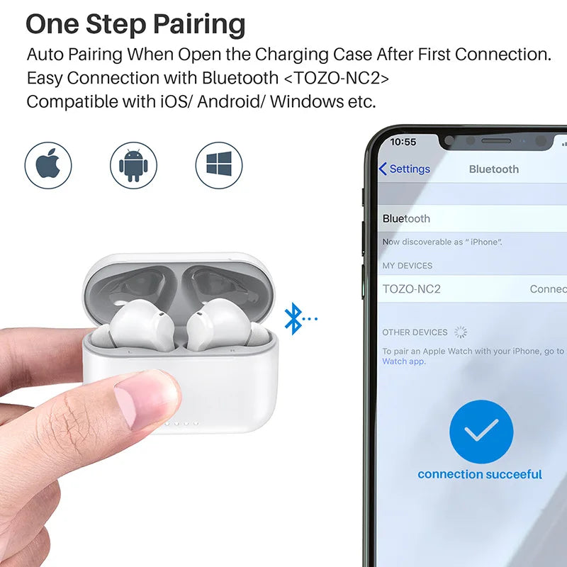 Refurbished TOZO NC2 ANC In Ear Earphones Wireless Earbuds With Mics Noise Cancelling 35dB HiFi Stereo Deep Bass Touch Control
