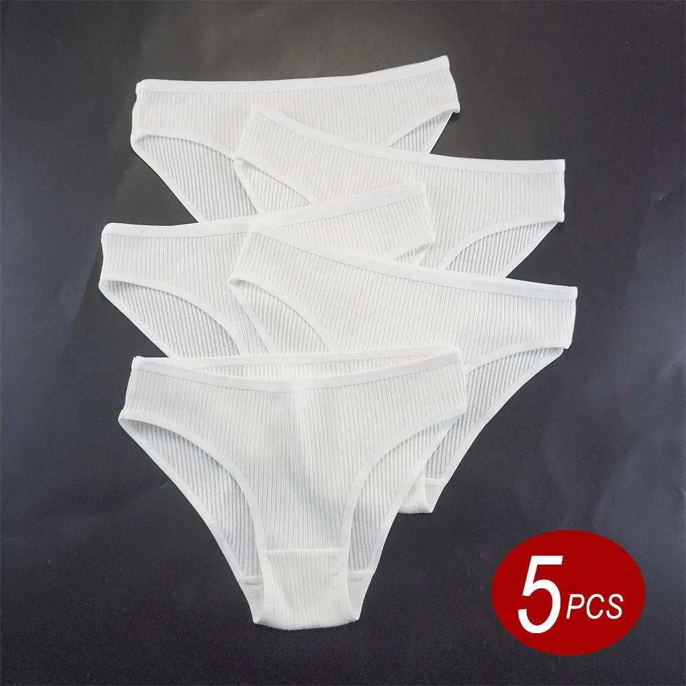 5Pcs White Ribbed Cotton Panties Women Breathable Low Rise Simple Panty Girls Bikini Briefs Sports Underwear
