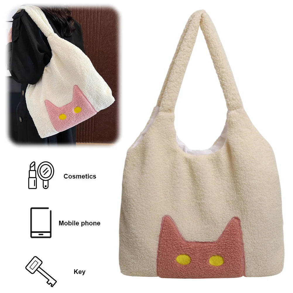 Women Lambs Wool Tote Handbag Large Capacity Plush Tote Bag Cute Cat Satchel Bag Fluffy Purse Shopping Dating Bag