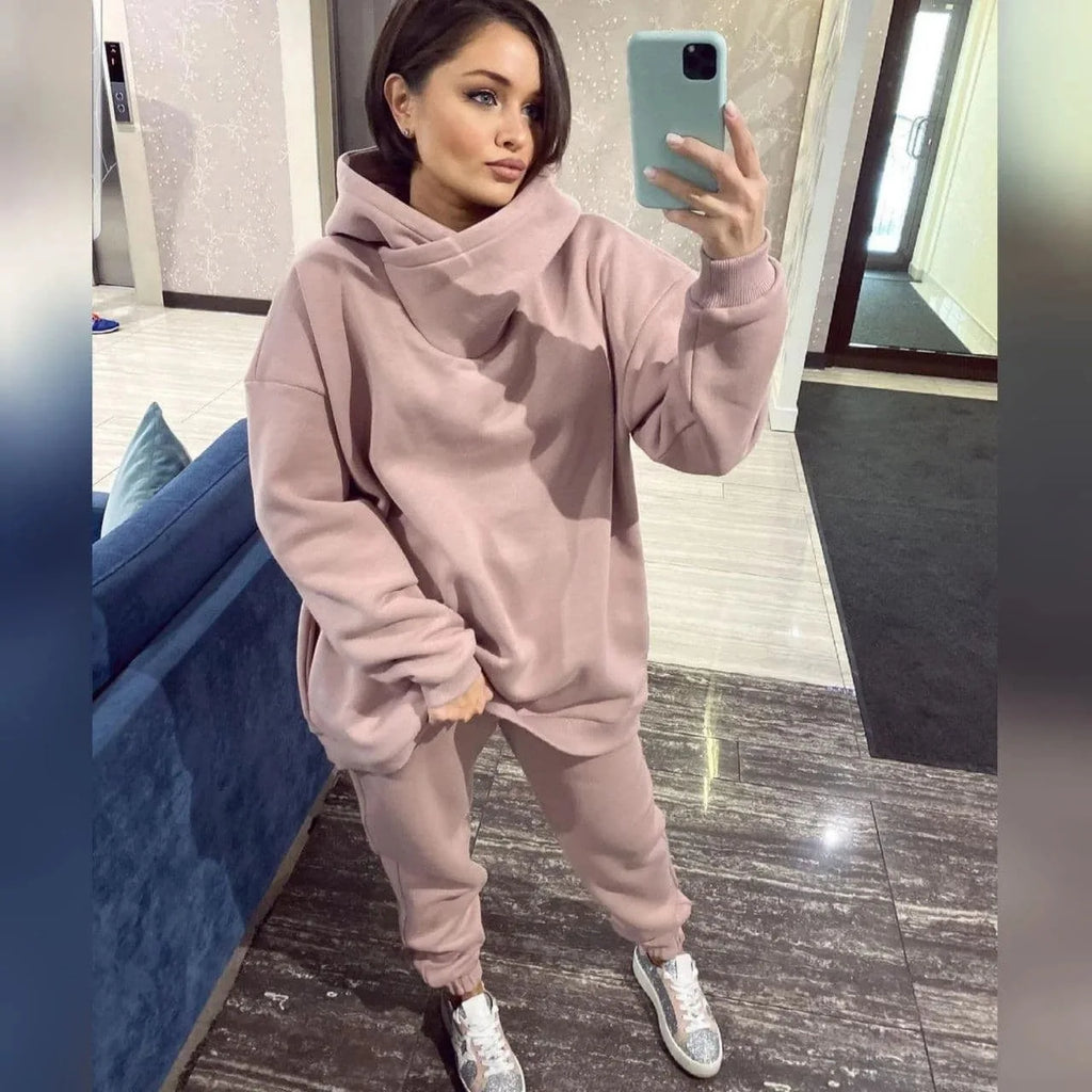 Winter Women's Tracksuit Two Piece Sets Solid Long Sleeve Hooded Running Sports Suit Warm Hoodie Sweatshirts Long Pant