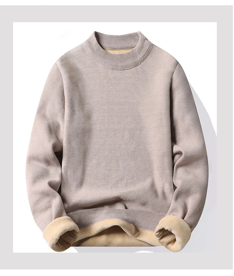 Winter New Men's Knitted Sweater with A Half High Collar Solid Color Plush and Warm Knitted Lining Top  Casual and Versatile Top