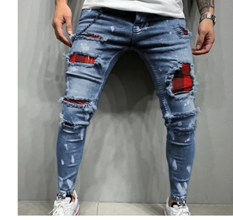 2025 Jeans Pencil Pants Holes Distressed Men Streetwear Denims Patchwork Mid Waist Slim Fit Washed Denim Ankle Length Trousers
