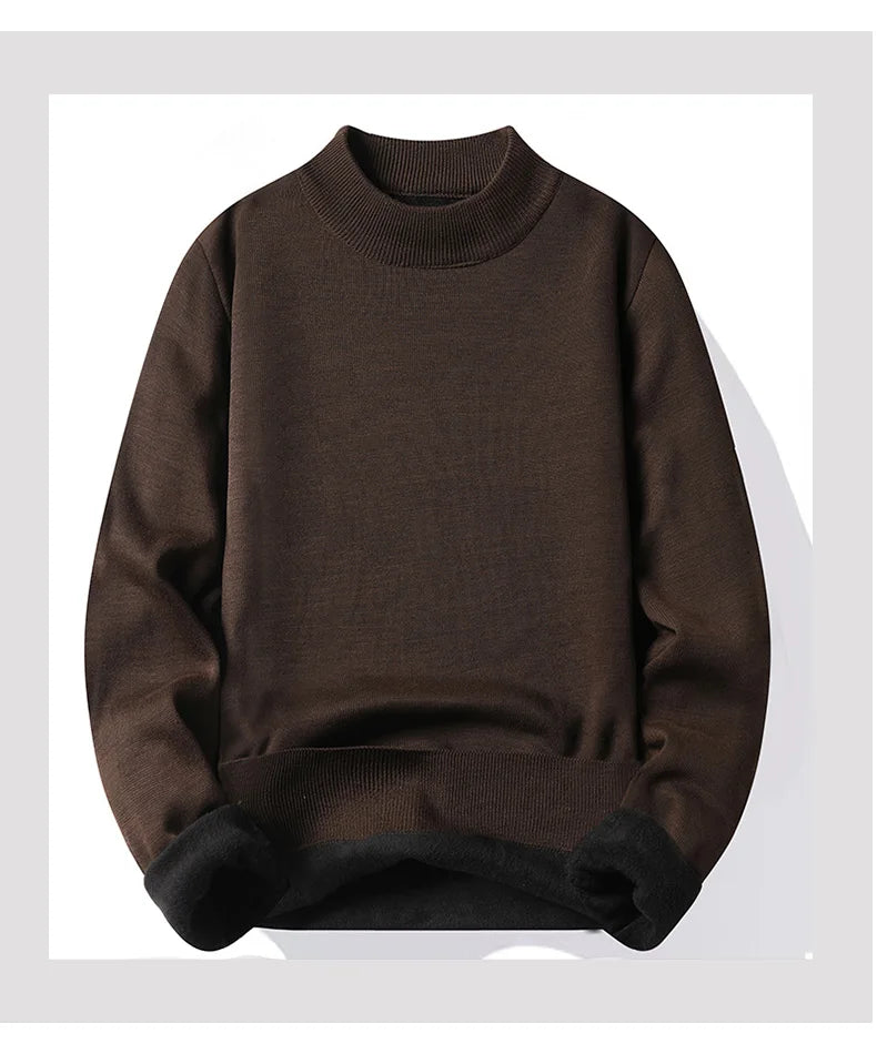 Winter New Men's Knitted Sweater with A Half High Collar Solid Color Plush and Warm Knitted Lining Top  Casual and Versatile Top