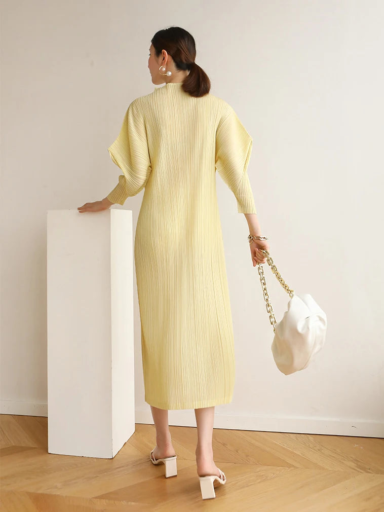 Miyake Pleats Batwing Sleeve Pleated Long Dress Korean High Fashion Causal Elegant Women Designer Clothing