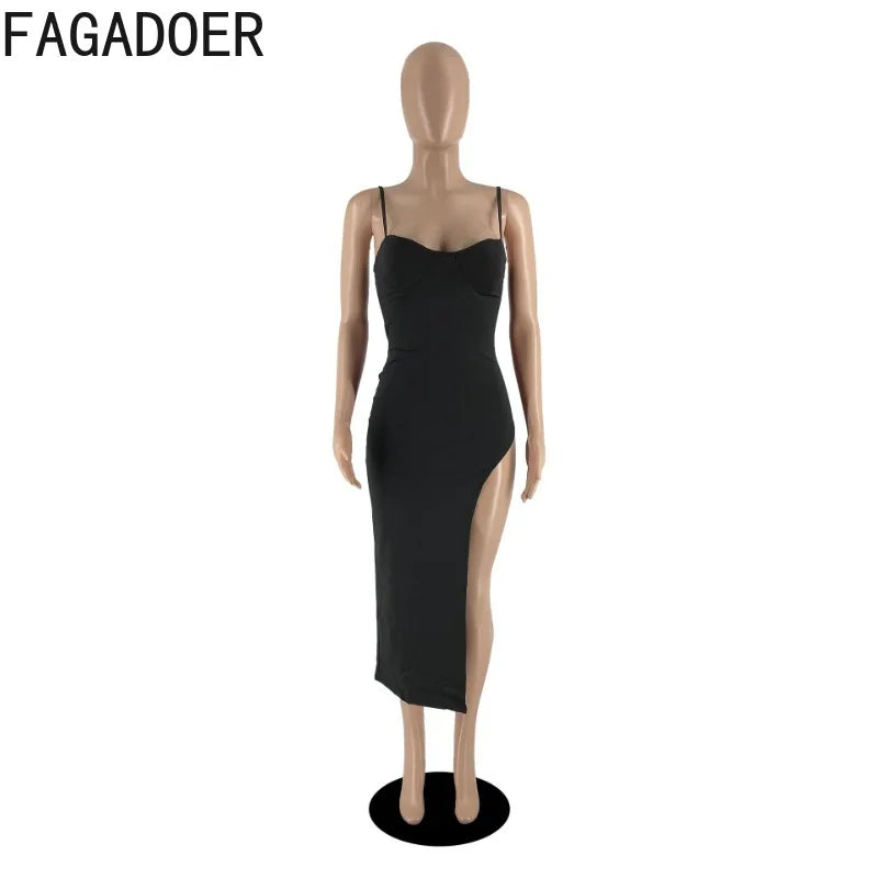 FAGADOER Sexy High Slit Bodycon Long Dress Women Solid Color Spaghetti Strap Backless Dresses Female Streetwear Vestidos 2025