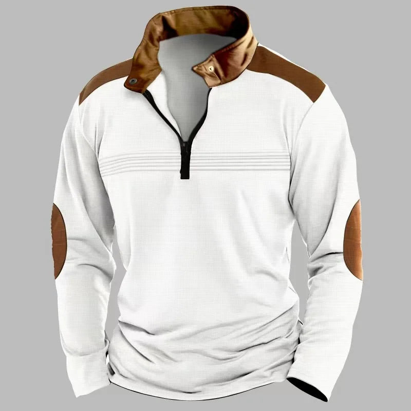 2025 Cross-border men's patchwork pullover zipper solid color POLO shirt zipper long-sleeved sports polo shirt crazy street casu