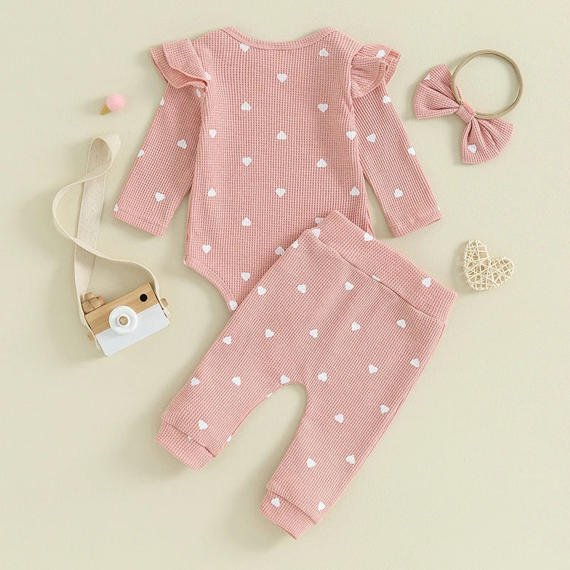 2023-09-12 Lioraitiin Infant Baby Girl Clothes Set Waffle Knit Heart Long Sleeve Romper Pants Headband Suit Outfits Fall Clothes