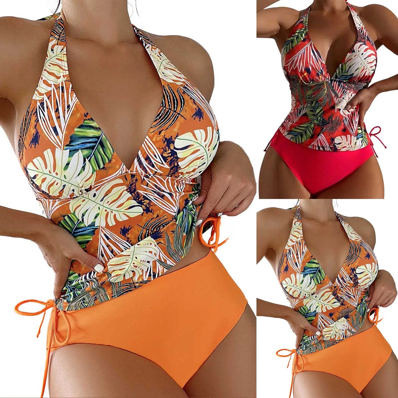 Sexy Halter Deep V Leaf Print Swimwear Ladies Large Size Covering Belly And Slimming Swimwear Triangle Solid Tie Split Swimsuit