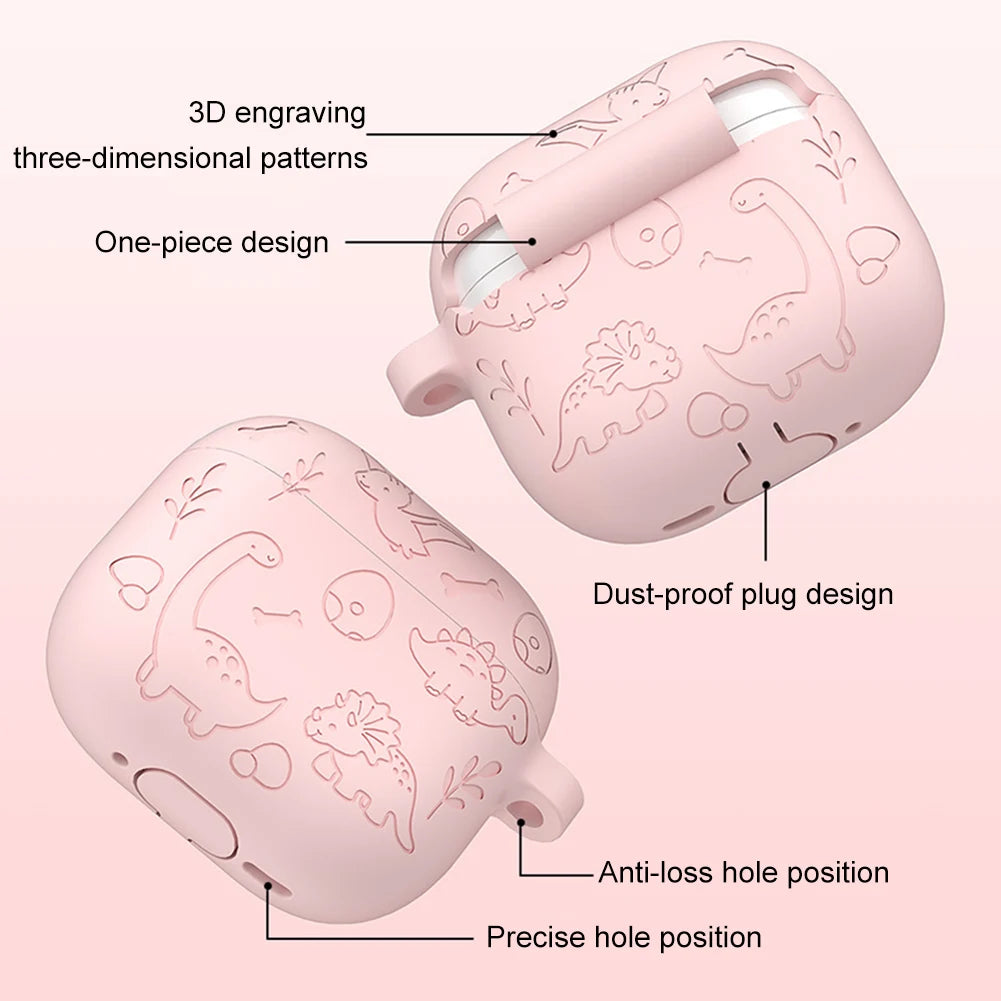 Silicone Case Protector with Carabiner Engraved Flower Dinosaur Case Soft Silicone Skin Protective Case for AirPods 4 Gen (2024)