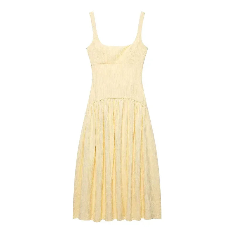 Elegant Pleated Long Dress Women Slim Square Neck Backless Sleeveless Female Sling Dresses 2025 Summer Lady Solid A-line Robe