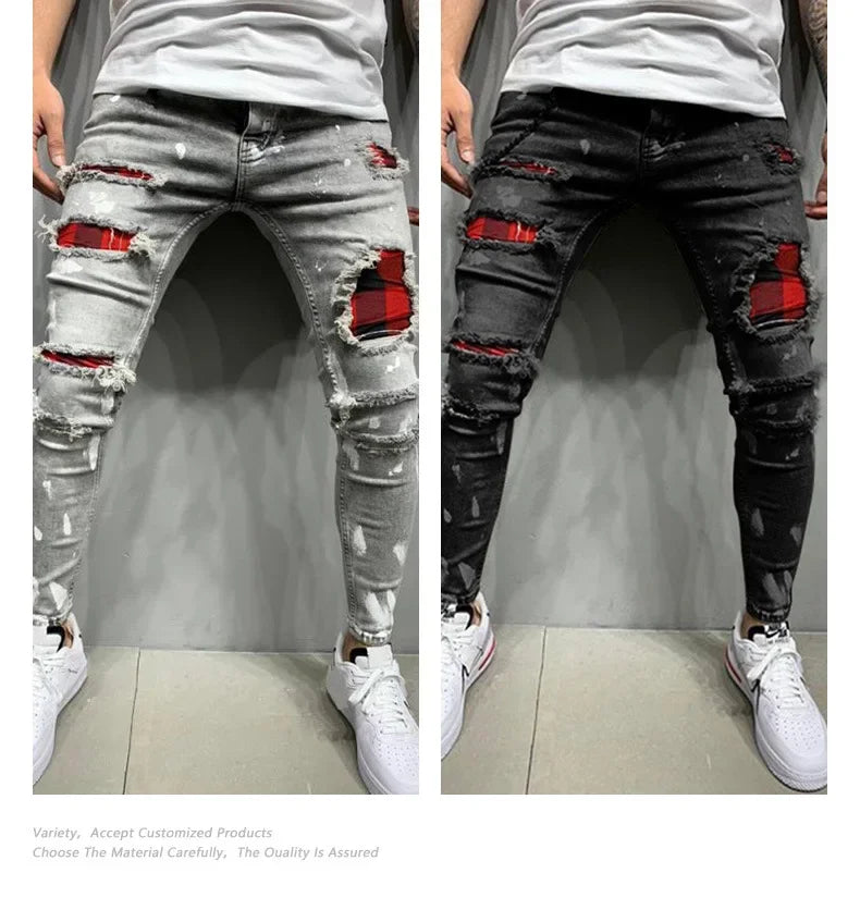2025 Jeans Pencil Pants Holes Distressed Men Streetwear Denims Patchwork Mid Waist Slim Fit Washed Denim Ankle Length Trousers