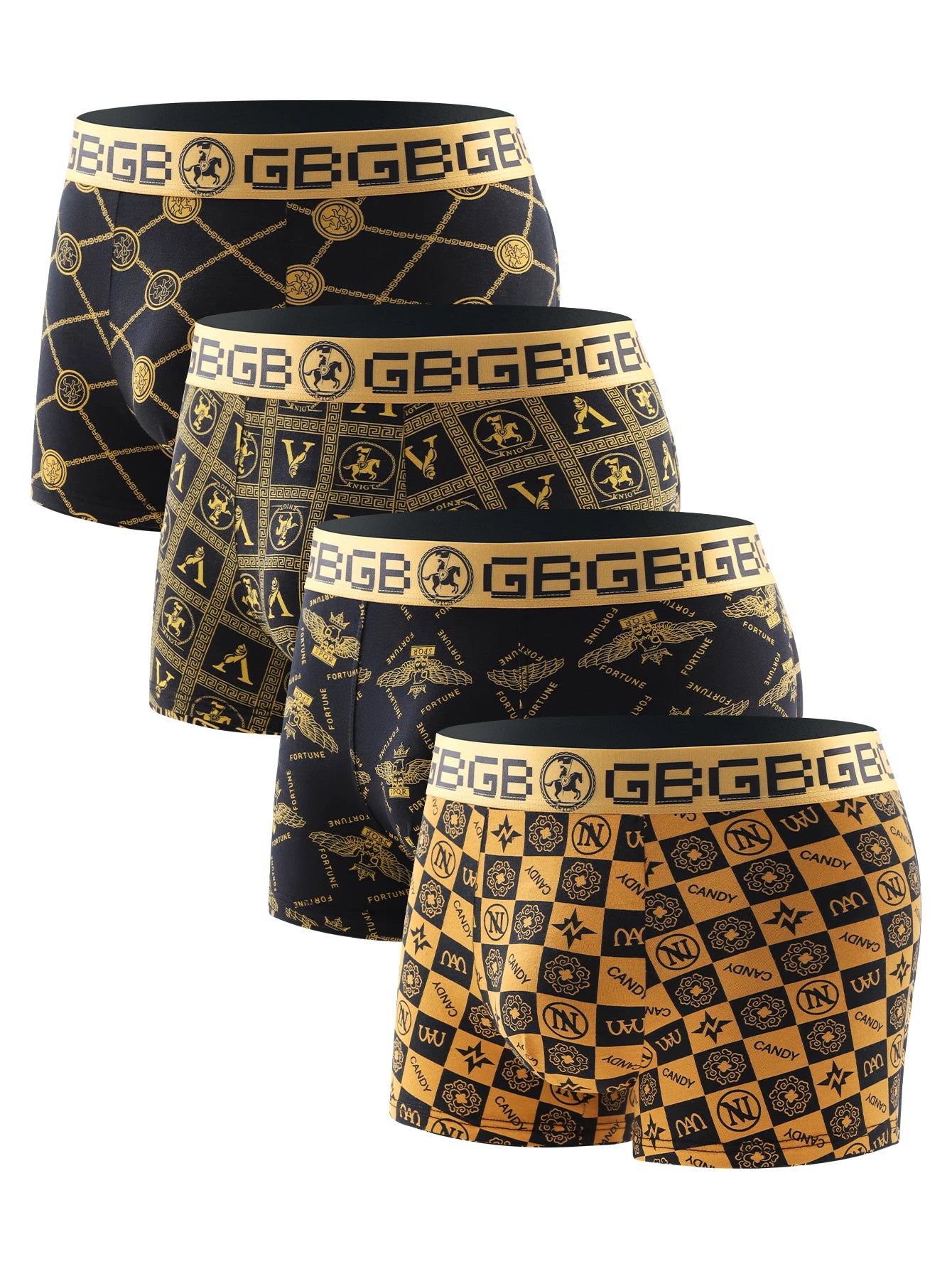 4pcs/multi-style men's underwear, black and gold printed boxer briefs, trendy personality briefs men's comfortable boxers