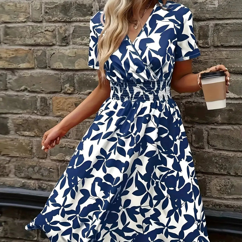 2025 European and American New Spring and Summer Short-Sleeved V Neck Leaf Floral Large Hem Skirt Waist Dress