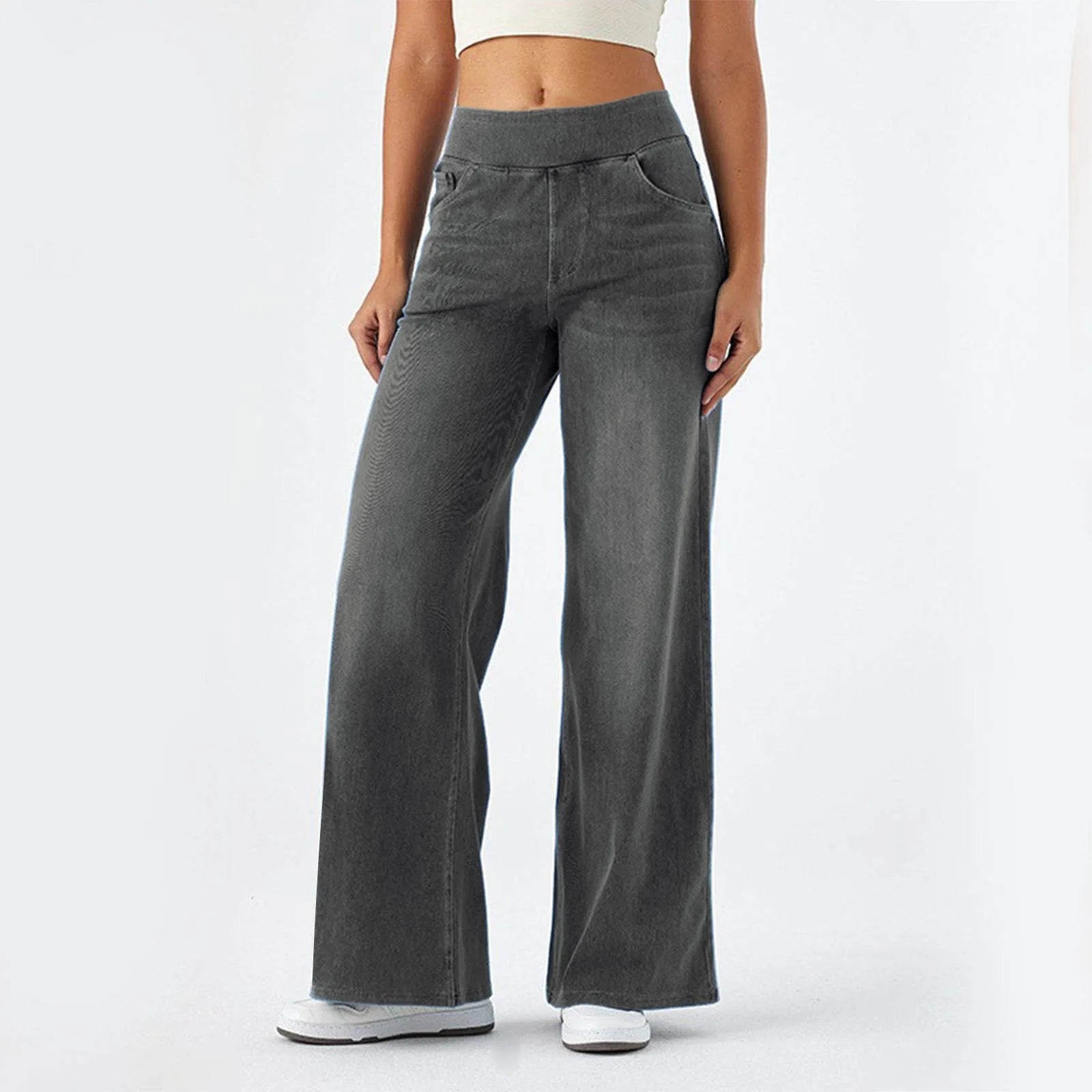 Baggy Ladies Wide Leg Trousers With Elastic Waistband High Waist Stretch Vertical Tube Trousers Stylish Womens' Casual Pants