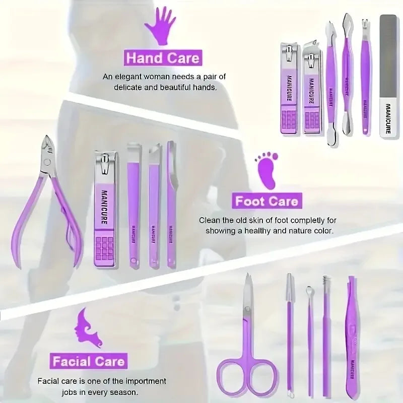 16pcs Home Multi-functional Purple Stainless Steel Manicure Kit - Modern Style Nail Clipper Kit with Straight Edge File, Ear Sco