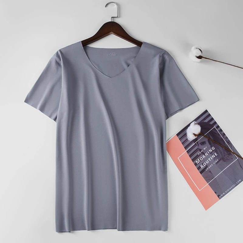 2024 Men's Thin Short Sleeve Ice Silk Without Summer Solid Color T Shirt Trace Slim V-neck Bottoming Seamless Short Sleeve