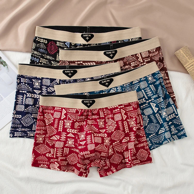 5 Pcs Fashionable And Versatile Printed Underwear For Men In All Seasons Comfortable Plus Size Youth Boxer Shorts Casual Shorts