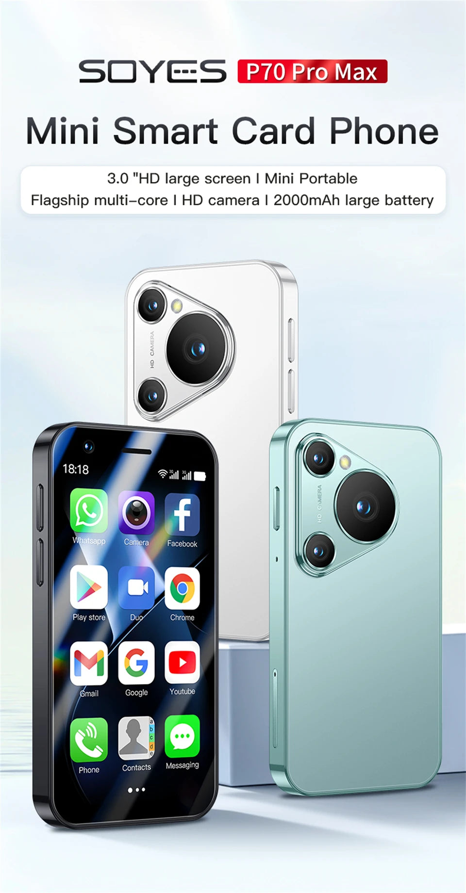 SOYES P70 Pro Max Mini Android8.1 Smartphone 3.0 Inches 2000mAh Face ID Dual SIM Standby Play Store 3G Little Phone