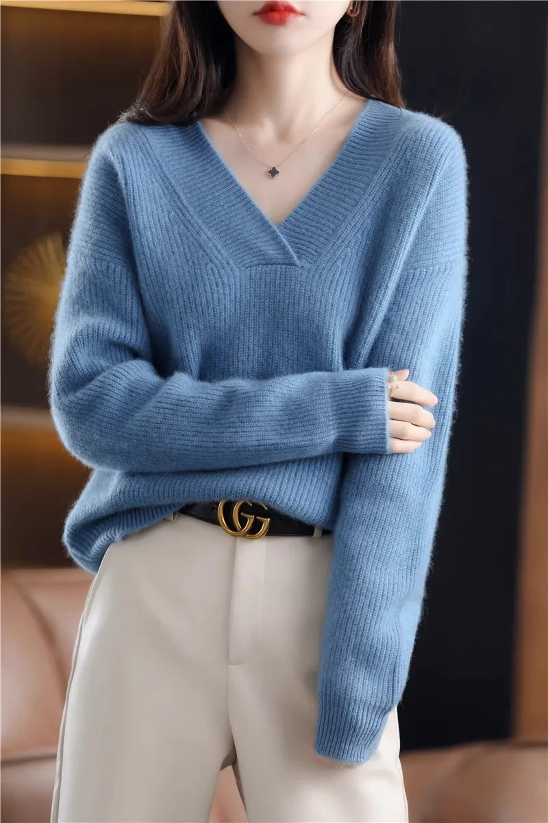 V-neck Basis Pullover Women's Solid Loose Knit Sweater Autumn Winter Jumpers Knitwear Soft Warm Chic Femme Sweater Casual Tops