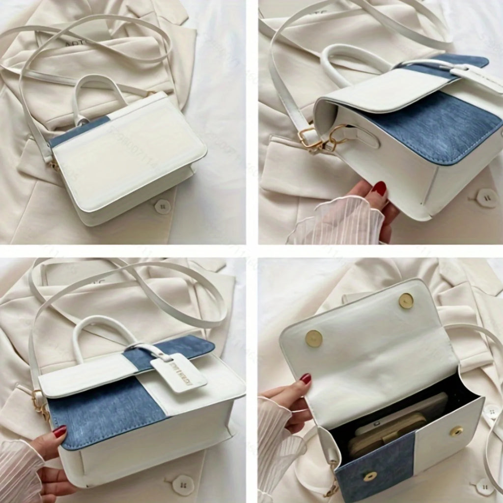 Chic Colorblock Square Top Handle Handbag for Women, Stylish Flap Shoulder Purse with Novelty Design, Fashionable PU Leather Bag