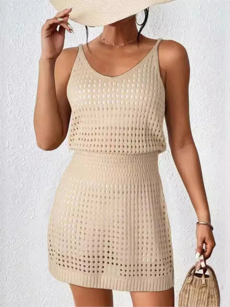Summer Hollow Out Knitting Mini Spaghetti Strap Dresses Women Sexy V-neck Backless Vacation Beach Dress Casual Beachwear Vestido