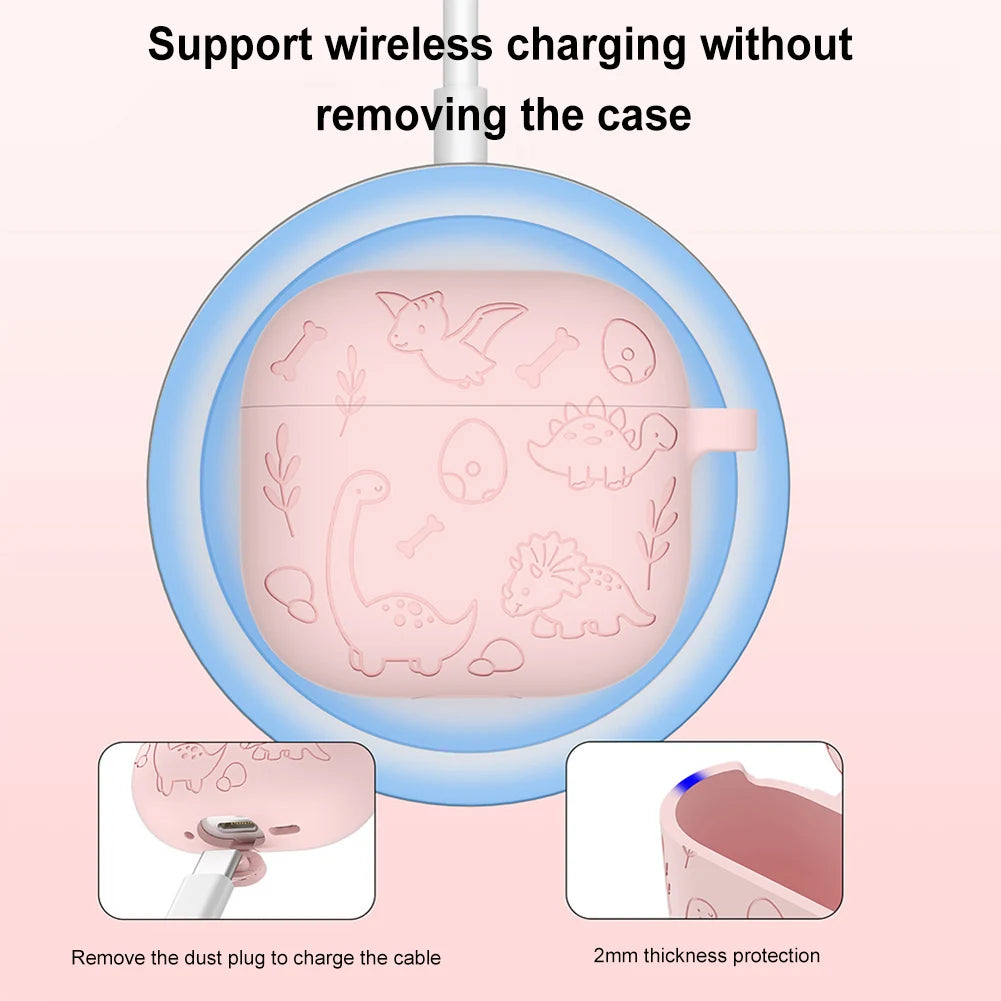 Silicone Case Protector with Carabiner Engraved Flower Dinosaur Case Soft Silicone Skin Protective Case for AirPods 4 Gen (2024)
