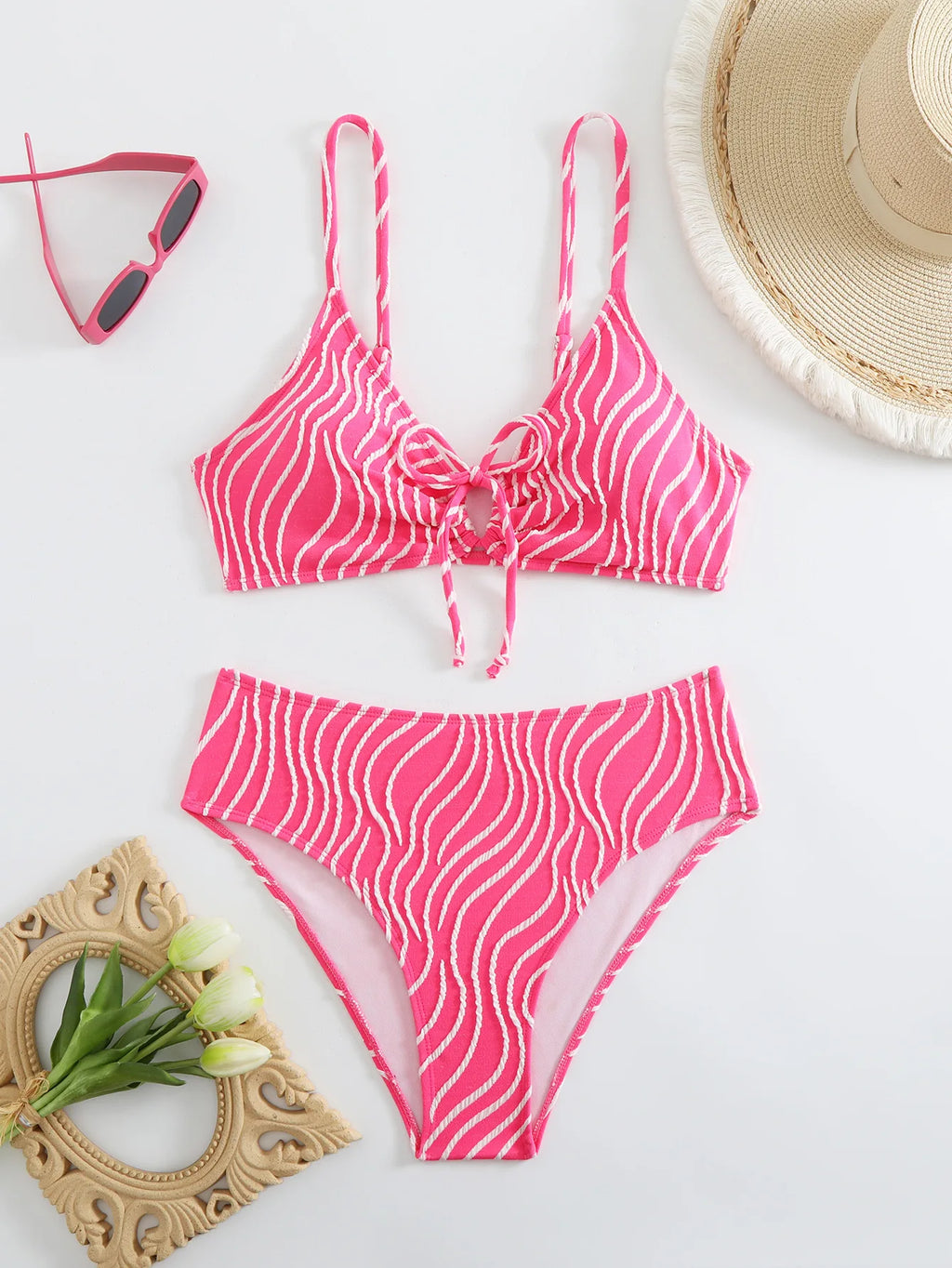 2025 New Women's Bikini Set Stripe Print 2 Pice Swimsuit Drawstring Lace-up V Neck Suspender Backless Beach Vacation Swimwear