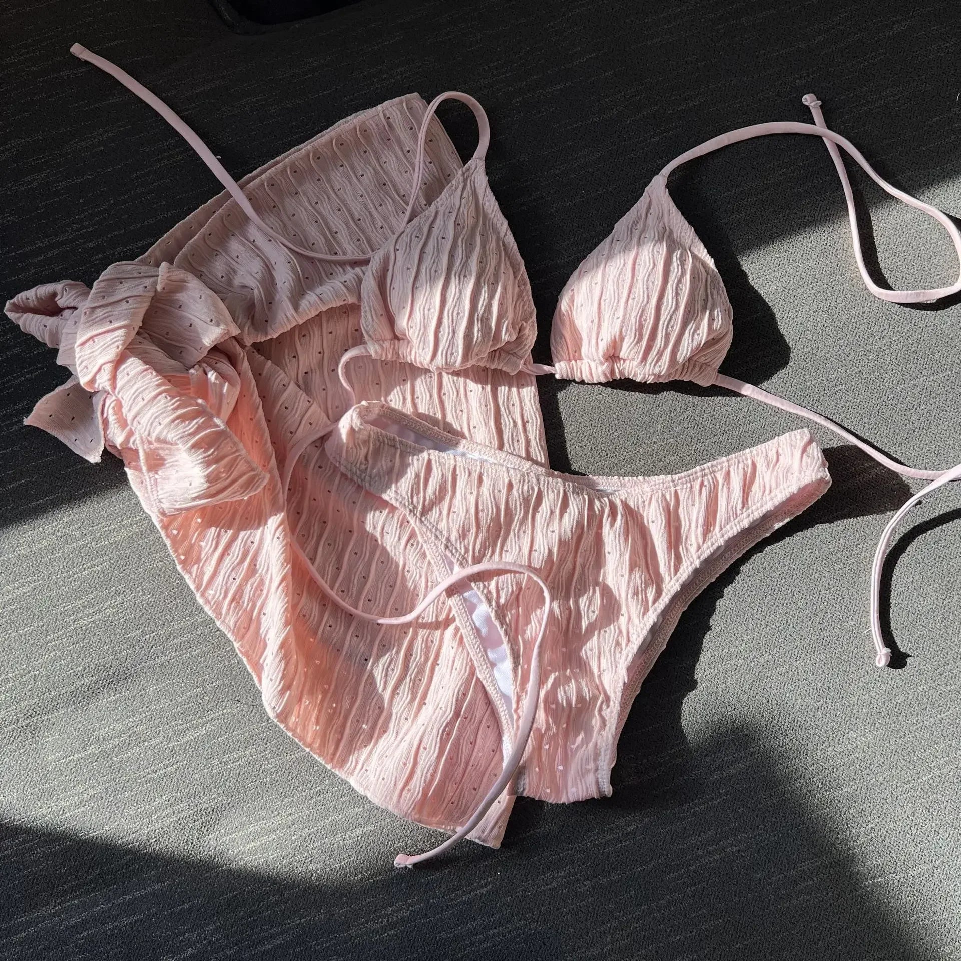 3-piece Beachskirt Swimsuit Women 2024 Solid Color Ventilate Bikini Sexy Triangle Cup Lace-up Backless Low Waist Bathing Suit