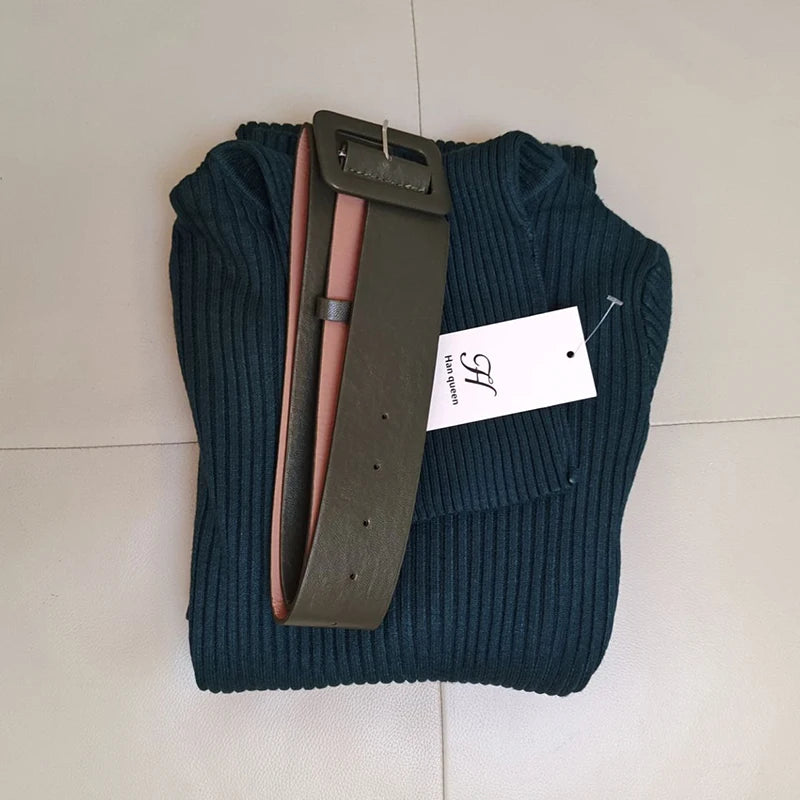 H Han Queen Knitted Turtleneck Sweater Bodycon Dress Bottoming Women Soft Elastic Autumn Winter Midi Party Dresses With Belt