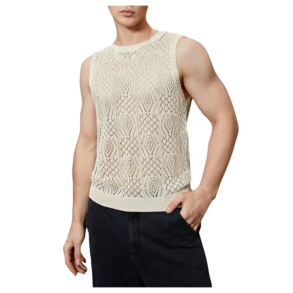 Beach Tops For Men Men'S Knitted Hollowed Out Vest Crew Neck Sleeveless Male Clothes With Designs Camiseta Sin Mangas Hombre