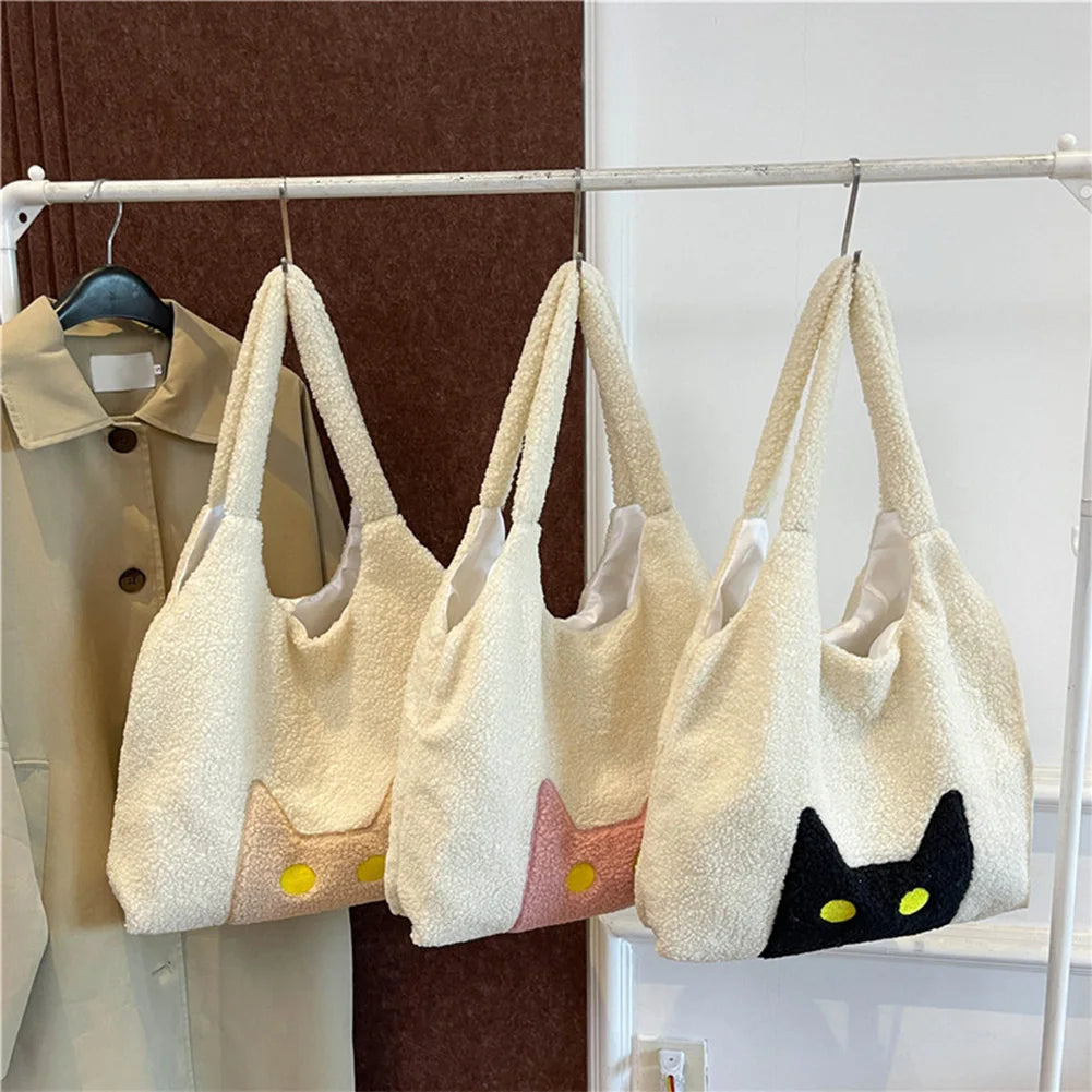 Women Lambs Wool Tote Handbag Large Capacity Plush Tote Bag Cute Cat Satchel Bag Fluffy Purse Shopping Dating Bag