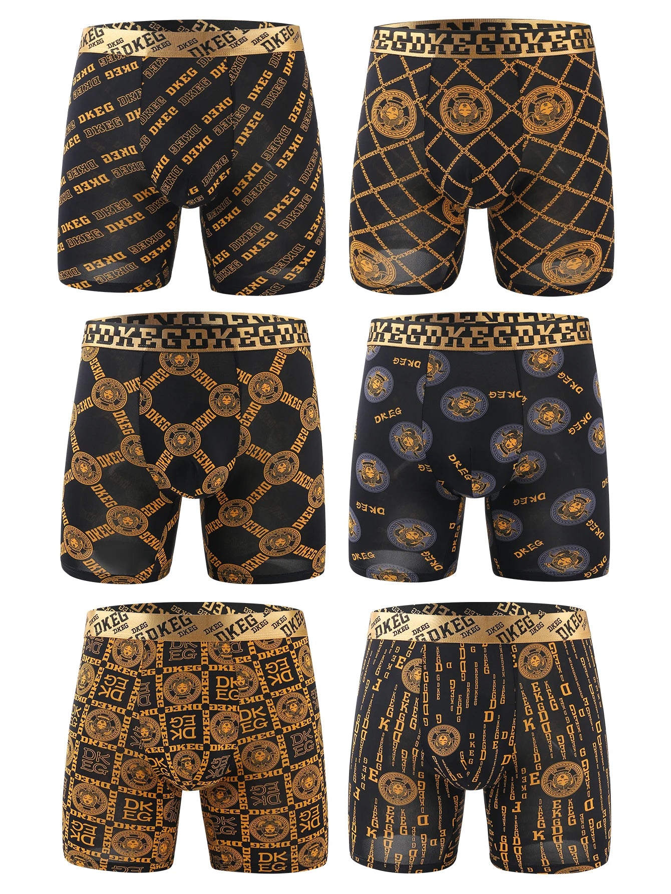 6pcs large size men's luxurious black and gold printed flat angle long underwear-super soft ice feeling, antibacterial breathabl