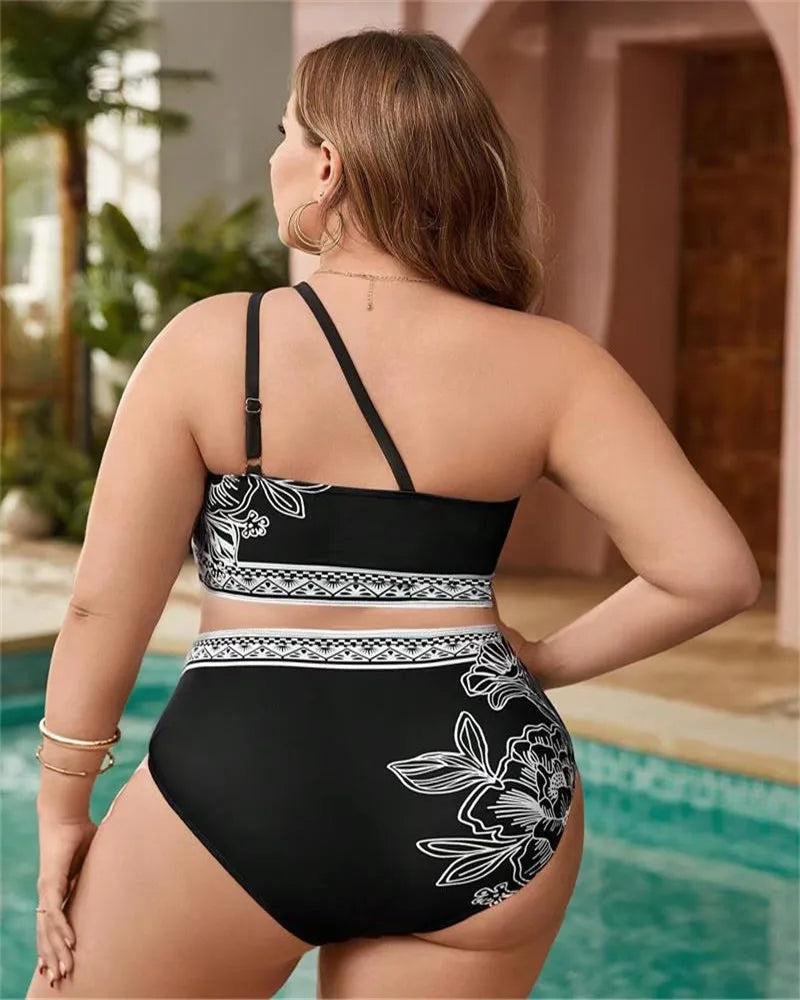 2025 Print One-shoulder Two Piece Plus Size Bikini Women High Waist Large Swimsuit Lady Chubby Swimwear Beach Curvy Bathing Suit