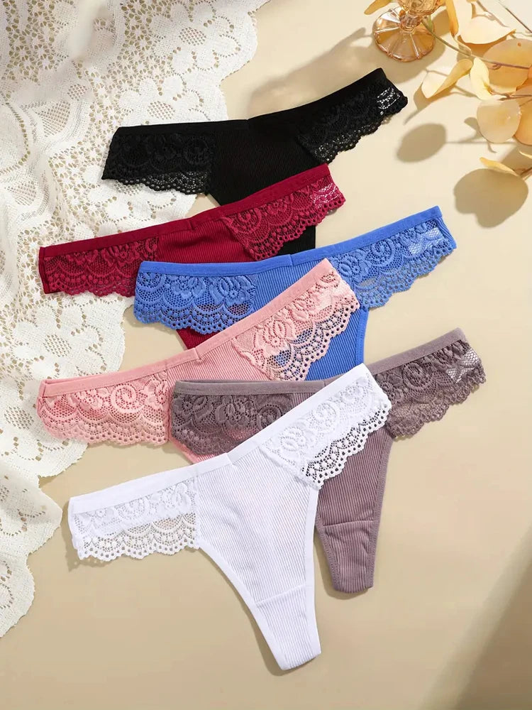 FINETOO 7Pcs Women's Cotton Lace Thongs Sexy Solid Color G-string Low Waist Breathable Bikini Lingerie Female Comfort Panties