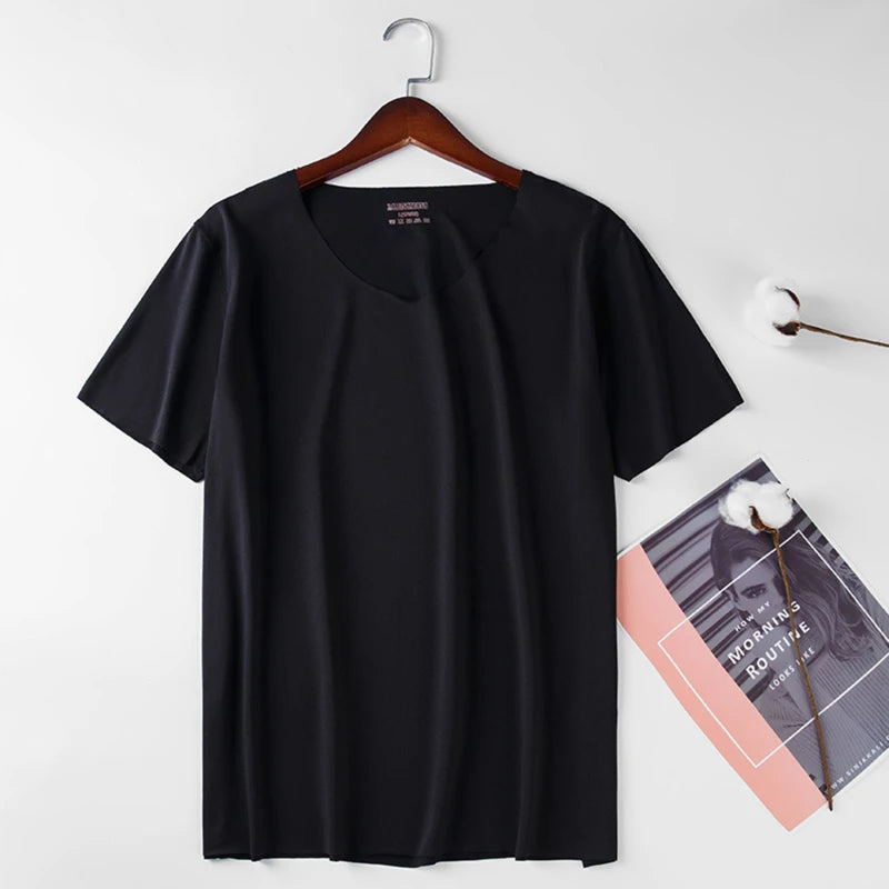 2024 Men's Thin Short Sleeve Ice Silk Without Summer Solid Color T Shirt Trace Slim V-neck Bottoming Seamless Short Sleeve