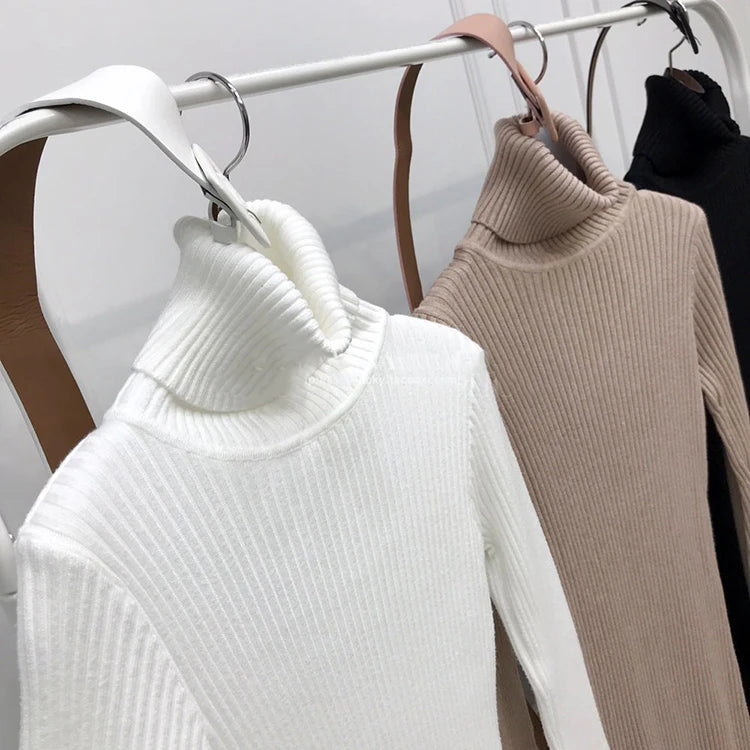 H Han Queen Knitted Turtleneck Sweater Bodycon Dress Bottoming Women Soft Elastic Autumn Winter Midi Party Dresses With Belt