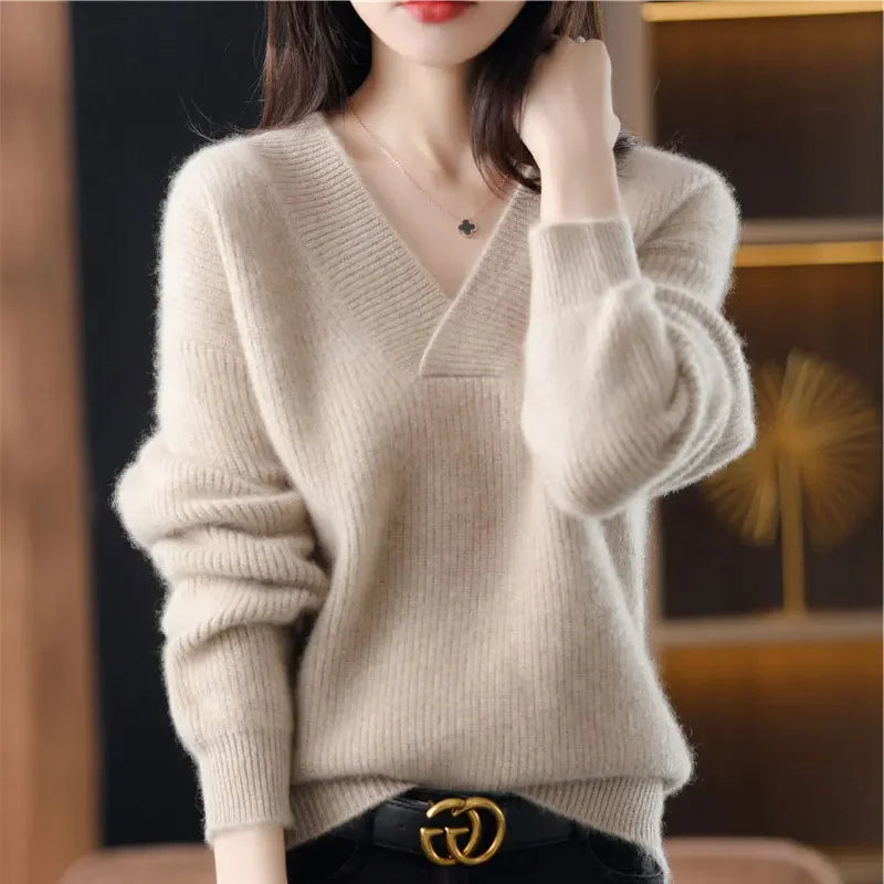 V-neck Basis Pullover Women's Solid Loose Knit Sweater Autumn Winter Jumpers Knitwear Soft Warm Chic Femme Sweater Casual Tops