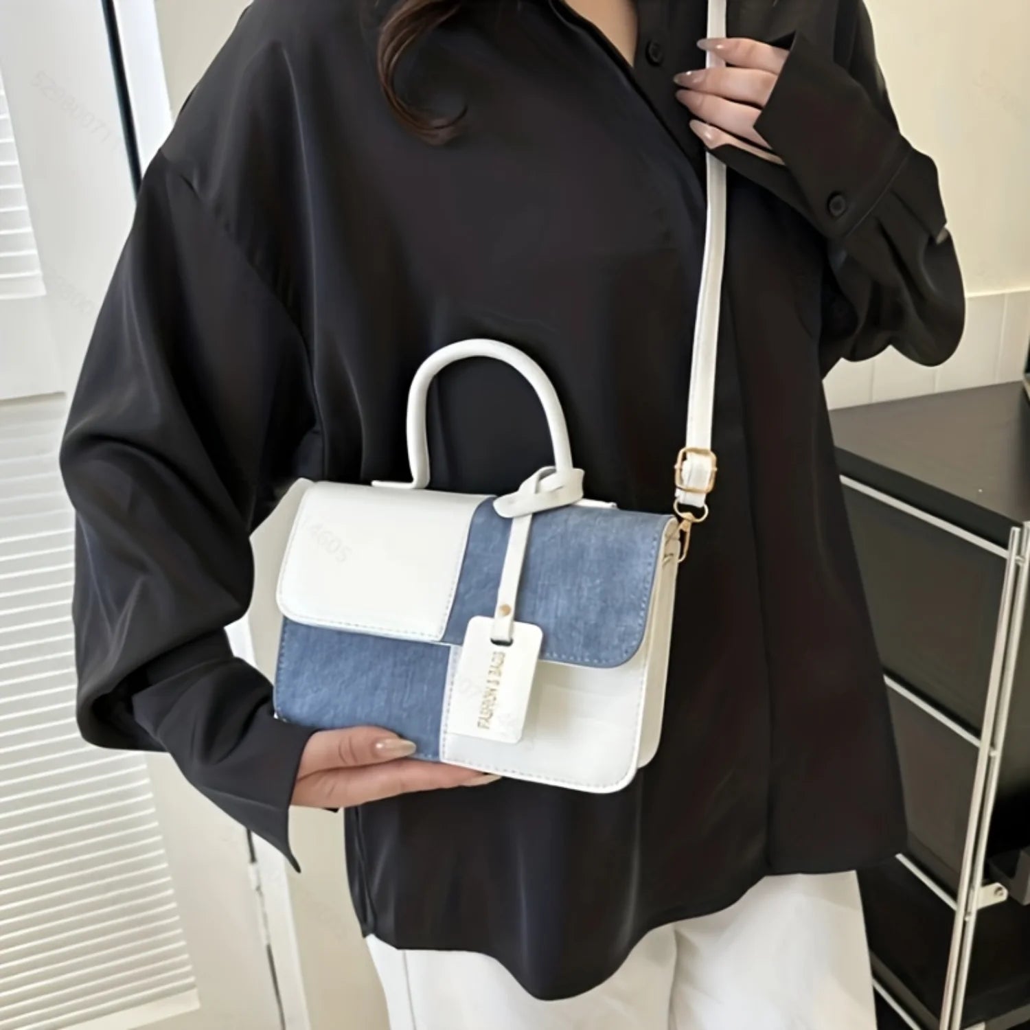 Chic Colorblock Square Top Handle Handbag for Women, Stylish Flap Shoulder Purse with Novelty Design, Fashionable PU Leather Bag