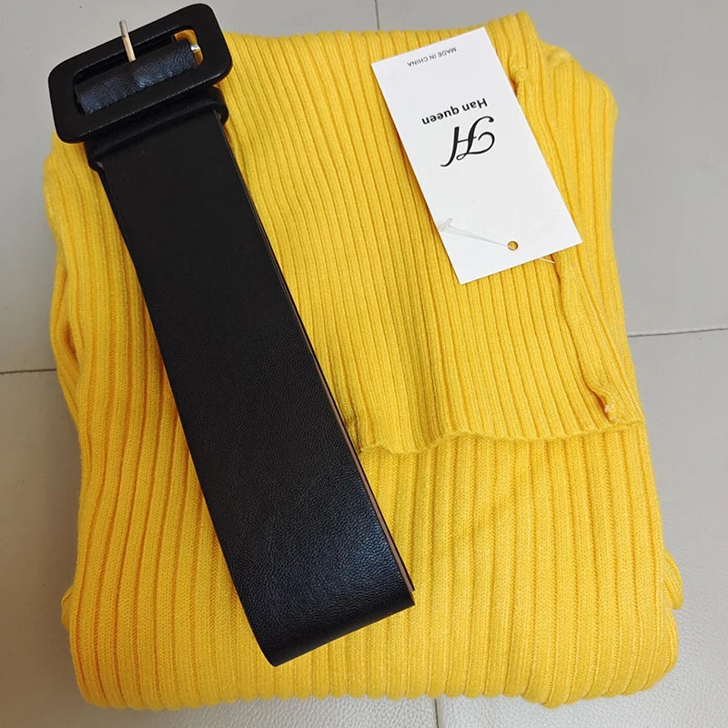 H Han Queen Knitted Turtleneck Sweater Bodycon Dress Bottoming Women Soft Elastic Autumn Winter Midi Party Dresses With Belt