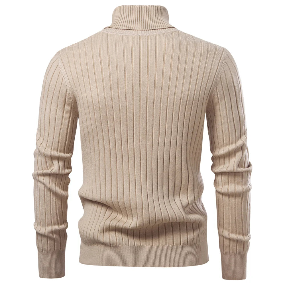 AIOPESON Men's Turtleneck Sweater Solid Color with Striped Pullover Warm Knitwear Winter Basic Casual High Quality Sweater Male