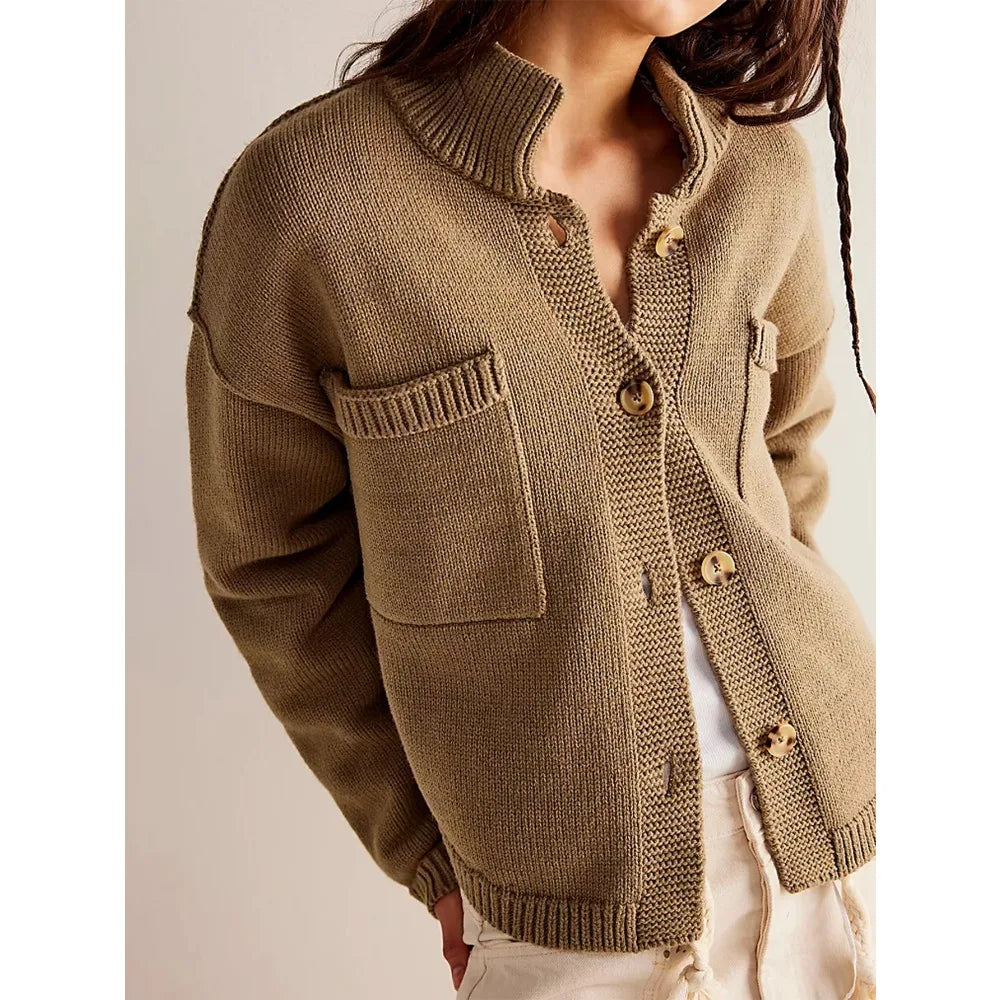 Women Cardigans Long Sleeve Button Up Knit Cardigan with Pockets Stand Collar Causal Fall Warm Sweater Solid Color Comfy Outwear